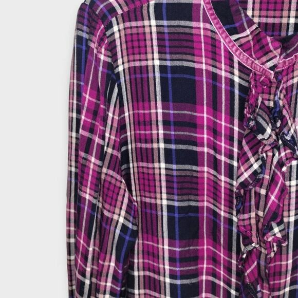 Chicos Womens Blouse Sz 12 Flannel Ruffles Button Shirt Purple Preppy #570315357 - Picture 12 of 16